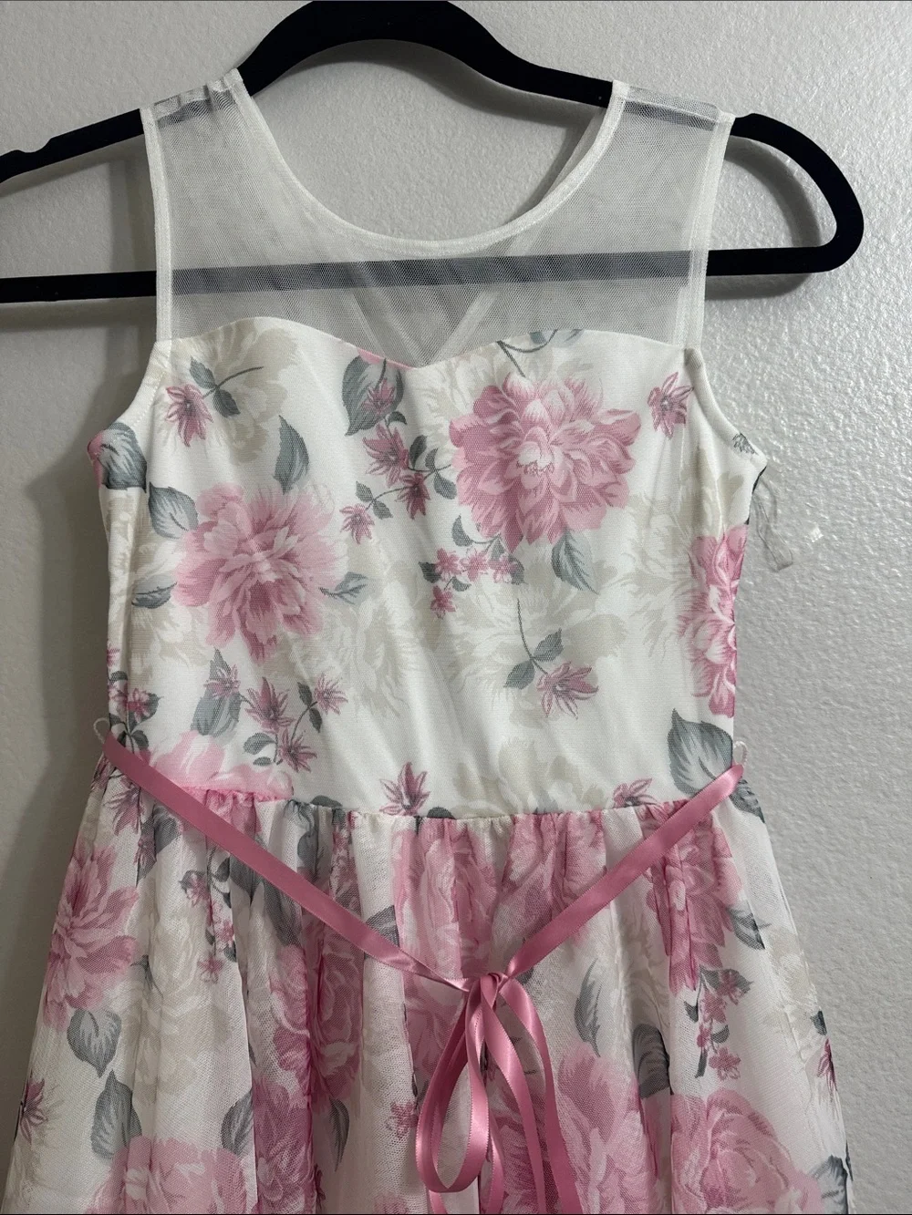 Beautees- Girls' White and Pink Floral High-Low Formal Dress with Satin Belt /10